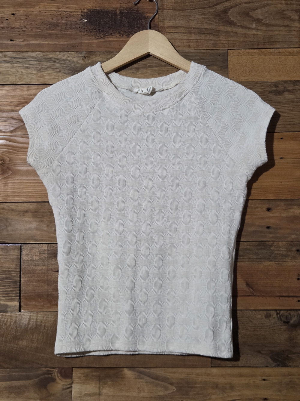 Textured Geometric Cream Office Career Raglan Sleeve Top Small Blue Tassel